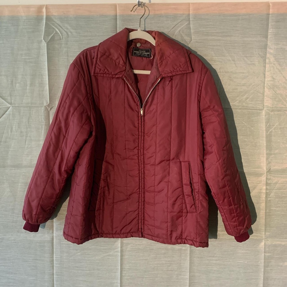 Sears Vintage 70s Puffer Jacket Hooded Burgundy Red Quilted Work N Leisure Coat